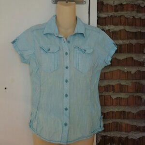 Columbia Textured Aqua Fitted Button Down Top Pockets Cotton Size S Small